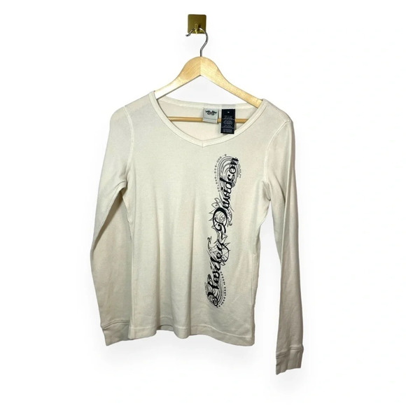 VINTAGE Harley Davidson V-Neck Thermal Rhinestone Long Sleeve in Ivory Size M - Picture 1 of 11